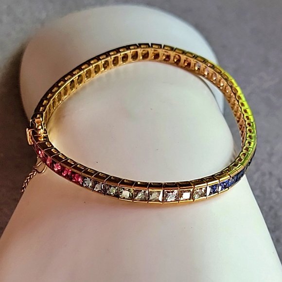 Rainbow Sapphire 18Kt, Princess Cut, Natural Square Sapphires, Tennis Bracelet - Picture 8 of 13